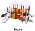 Festival Color Scheme l: Posts- Brick Red; Rails- White; Roofs/Slides/Climbers- Granite; Panels- Sunglow Yellow