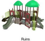 Ruins Color Scheme: Posts- Brown; Rails- Lime Green; Roofs- Primary Green; Panels- Brick Red; Climbers/Slides- Mossy Stone