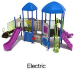 Electric Color Scheme: Posts- Cobalt Blue; Roofs- Pacific Blue; Rails- Lime Green; Slides/Climbers- Plum; Panels- Beige