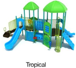 Tropical Color Scheme: Posts- Teal; Rails/Roofs/Panels- Lime Green; Climbers/Slides- Sky Blue