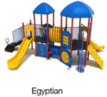 Egyptian Color Scheme: Posts- Brick Red; Rails- Cobalt Blue; Roofs/Panels- Pacific Blue; Slides/Climbers- Sunglow Yellow